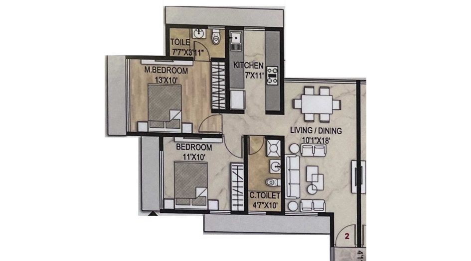 Maple-Wood-FLoor-Plan-2 BHK-633 Sqft